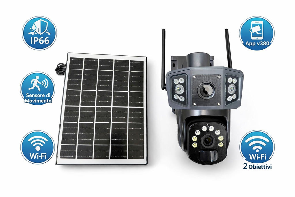 Telecamera di Sicurezza Solare Wi-Fi a Doppia Visione – 2 Obiettivi, Sensore di Movimento, App V380, IP66