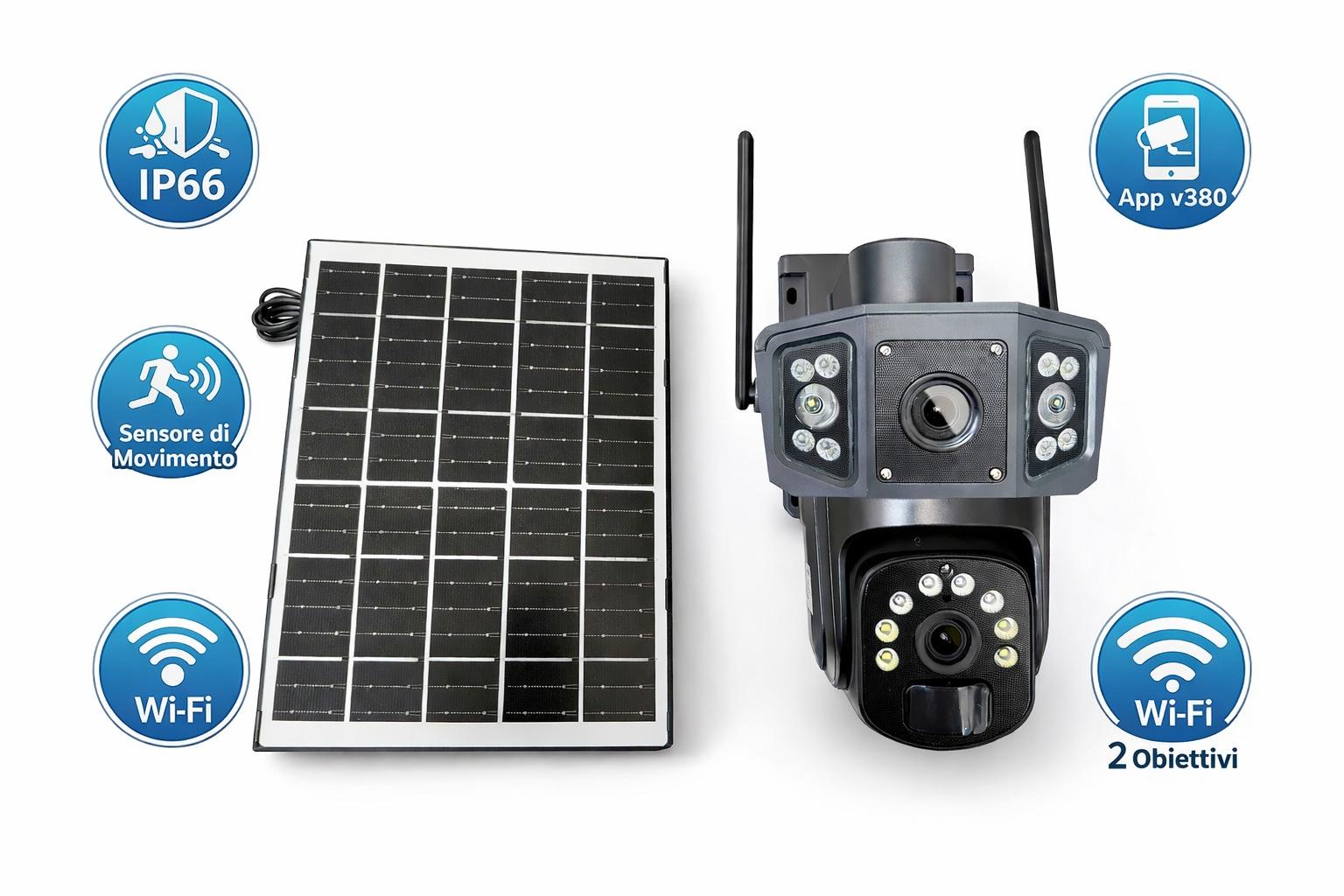 Telecamera di Sicurezza Solare Wi-Fi a Doppia Visione – 2 Obiettivi, Sensore di Movimento, App V380, IP66