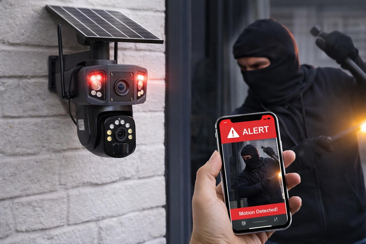 Telecamera di Sicurezza Solare Wi-Fi a Doppia Visione – 2 Obiettivi, Sensore di Movimento, App V380, IP66