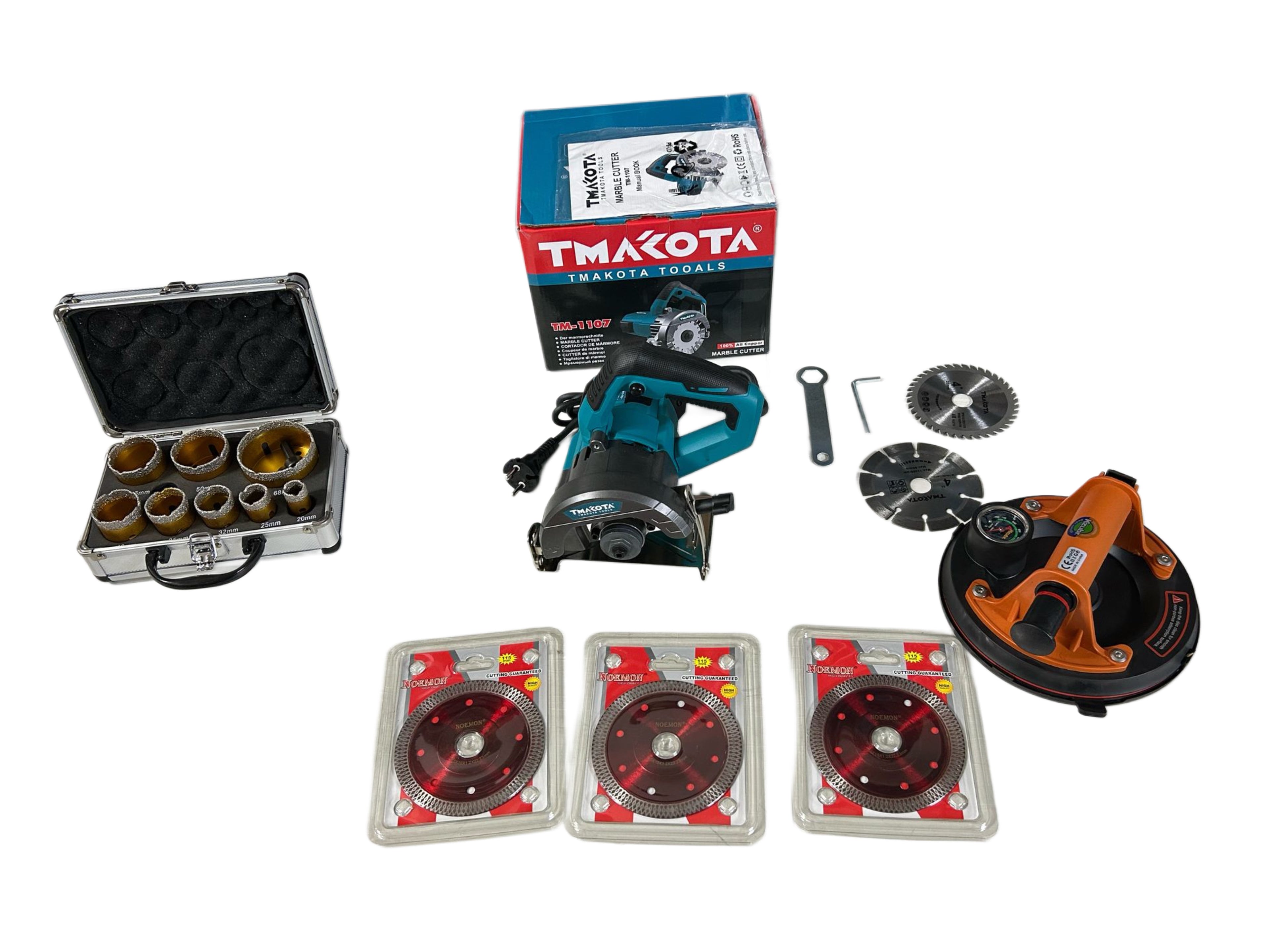 TRIS PIASTRELLISTA: FRESE A TAZZA DIAMANTATE PER FLEX E TRAPANO, TAGLIAPIASTRELLE ELETTRICA 1250w, VENTOSA AD ARIA MAX 160kg 200mm , 3 DISCHI DIAMANTATI