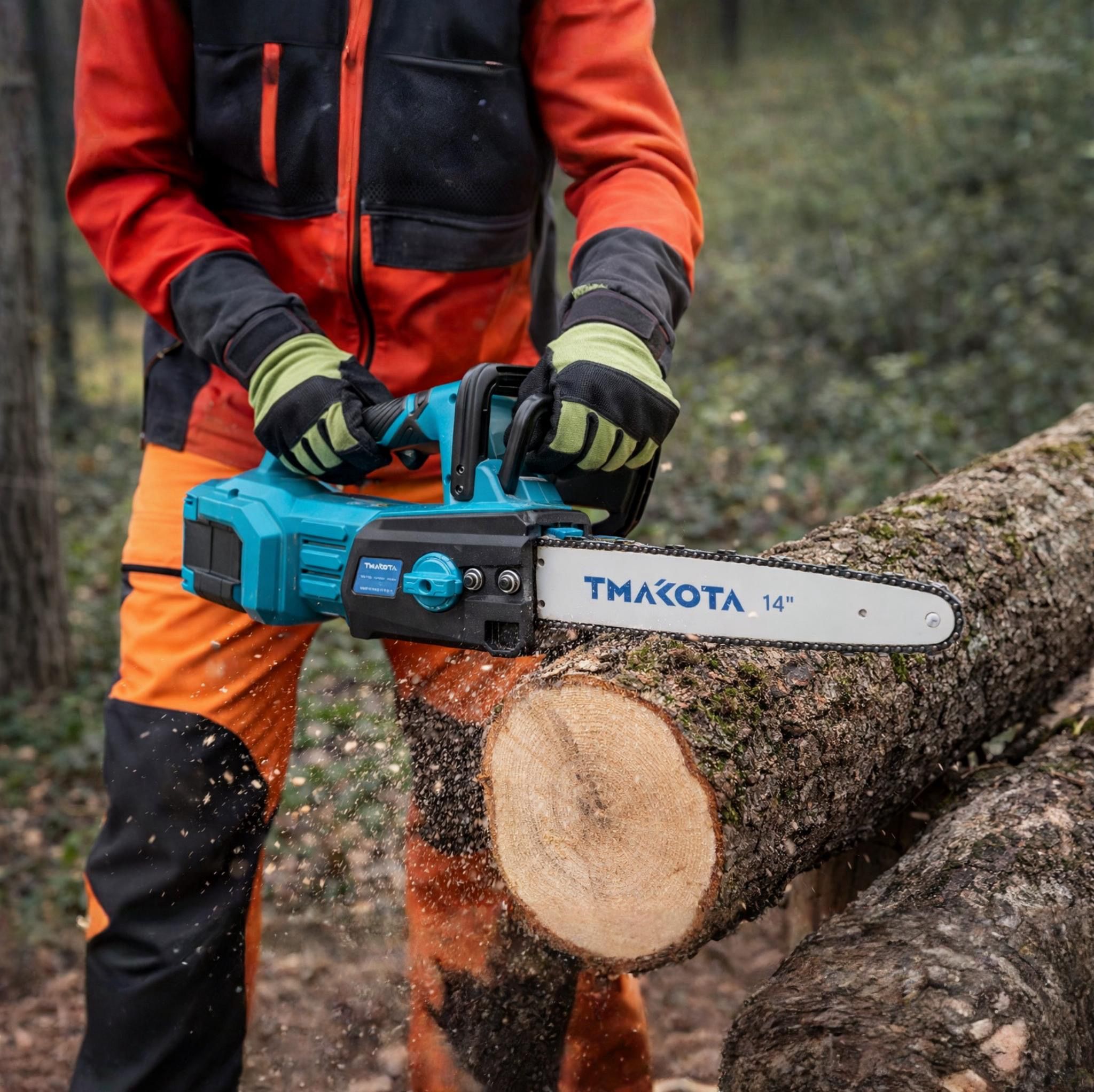 Motosega a Batteria 14” TMAKOTA con Doppia Batteria e Caricatore – Potente e Leggera per Potature e Legna