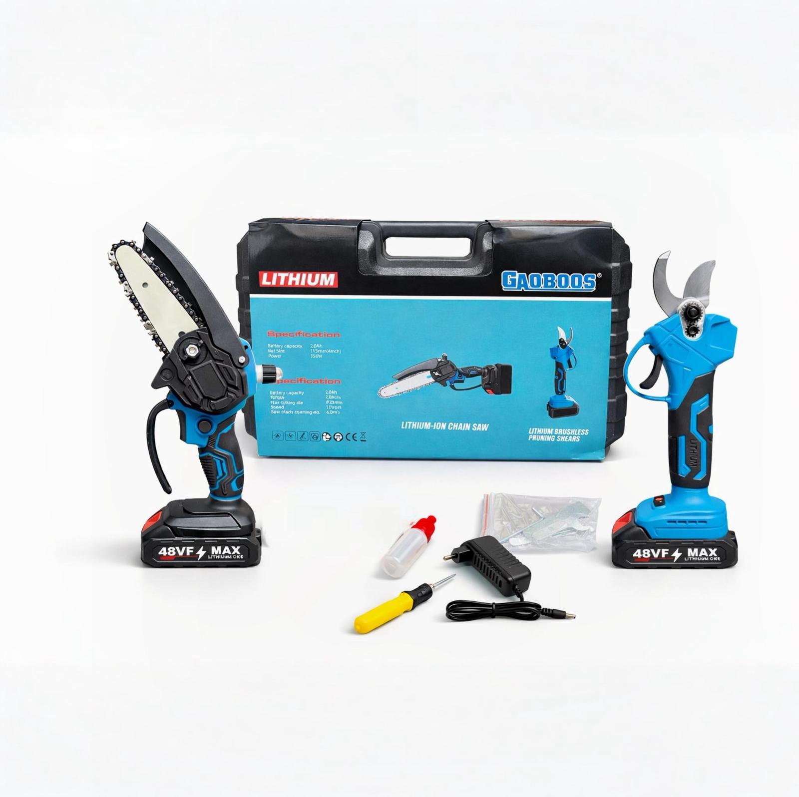 Kit 2 in 1 Forbice da Potatura 48V 30mm + Motosega con Oleatore, Doppia Batteria, Accessori e Valigetta