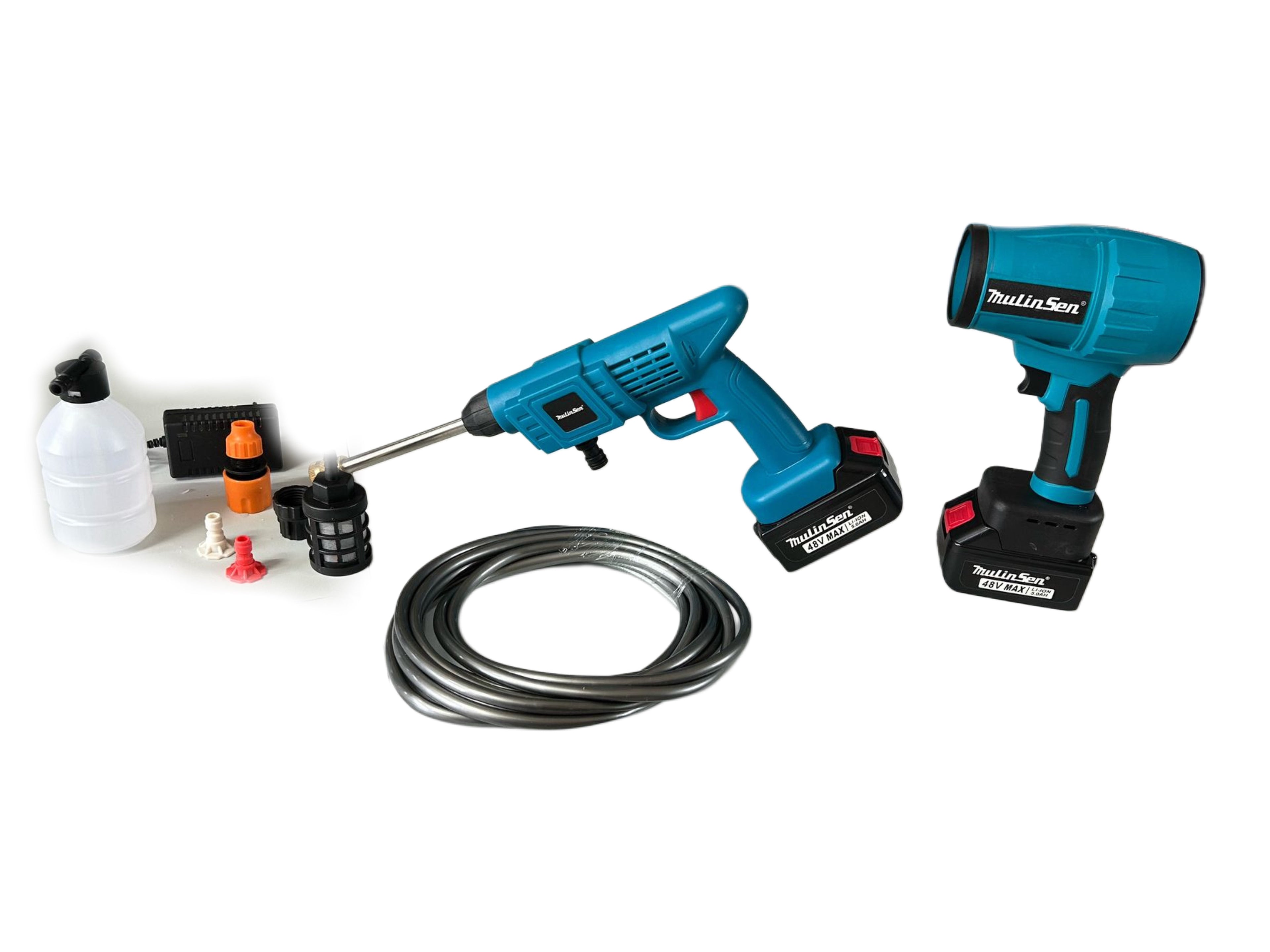 KIT LAVA E ASCIUGA: IDROPULITRICE A BATTERIA 30 bar CON ACCESSORI E DOPPIO UGELLO - TURBO JET A BATTERIA PER ASCIUGATURA RAPIDA E SOFFIAGGIO , 2 BATTERIE 48v 5Ah