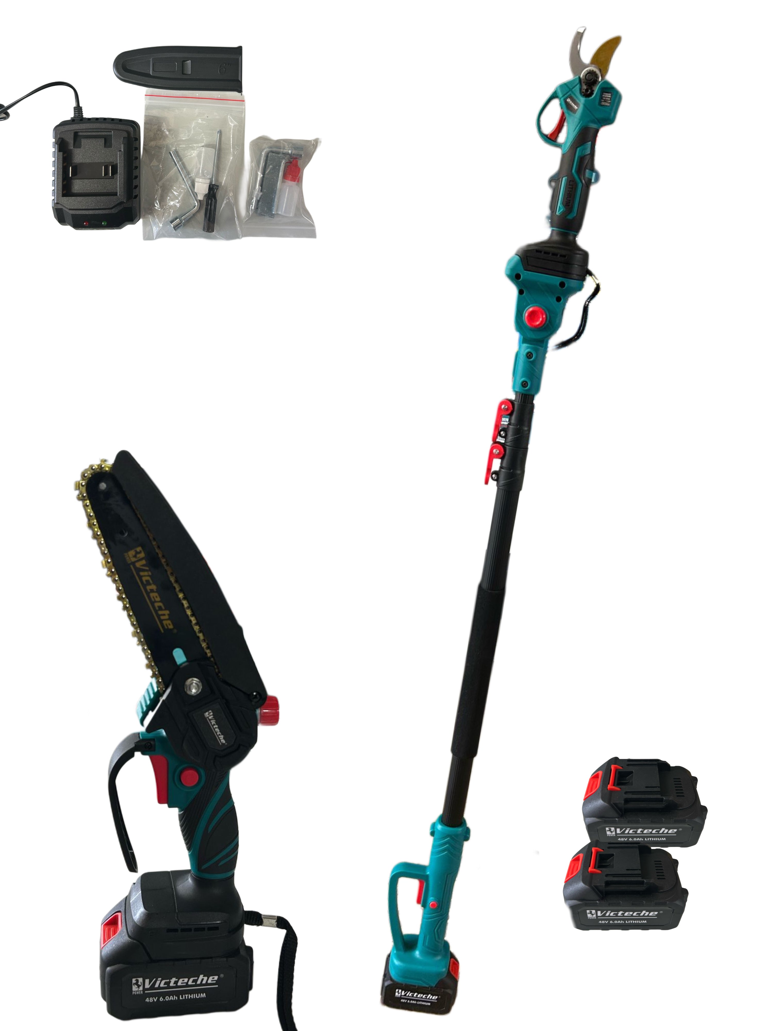 KIT POTATURA A BATTERIE CON MOTOSEGA 6” CON OLEATORE, FORBICE 30mm , ASTA TELESCOPICA 2,40cm ACCESSORI