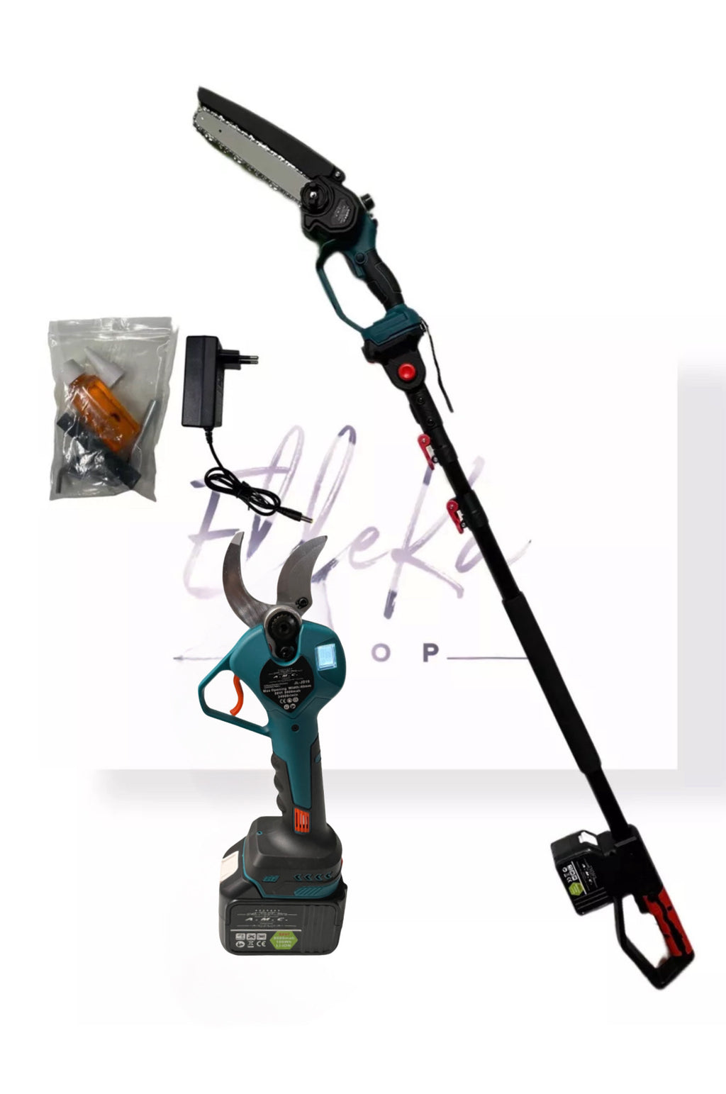 Kit Potatura Mini Motosega 8" Oleatore+ Forbice a Batteria 40mm con Display con Asta Telescopica