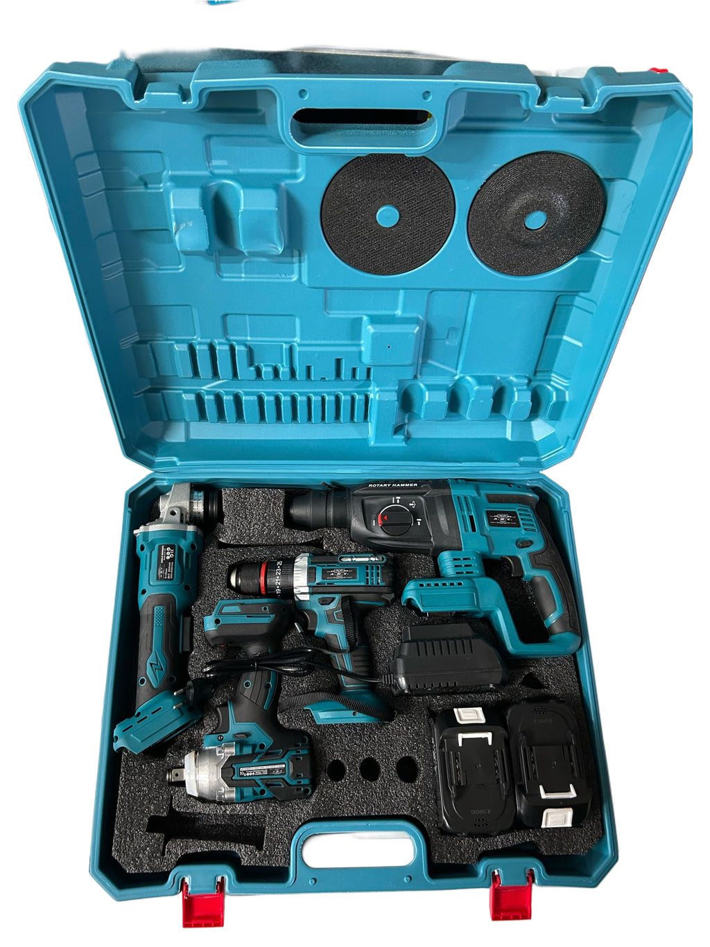 KIT 4 IN 1 ELETTROUTENSILI A BATTERIE TASSELLATORE TRE FUNZIONI, TRAPANO AVVITATORE CON PERCUSSIONE, AVVITATORE AD IMPULSI, FLEX DOPPIA BATTERIA 88v 8000mAh