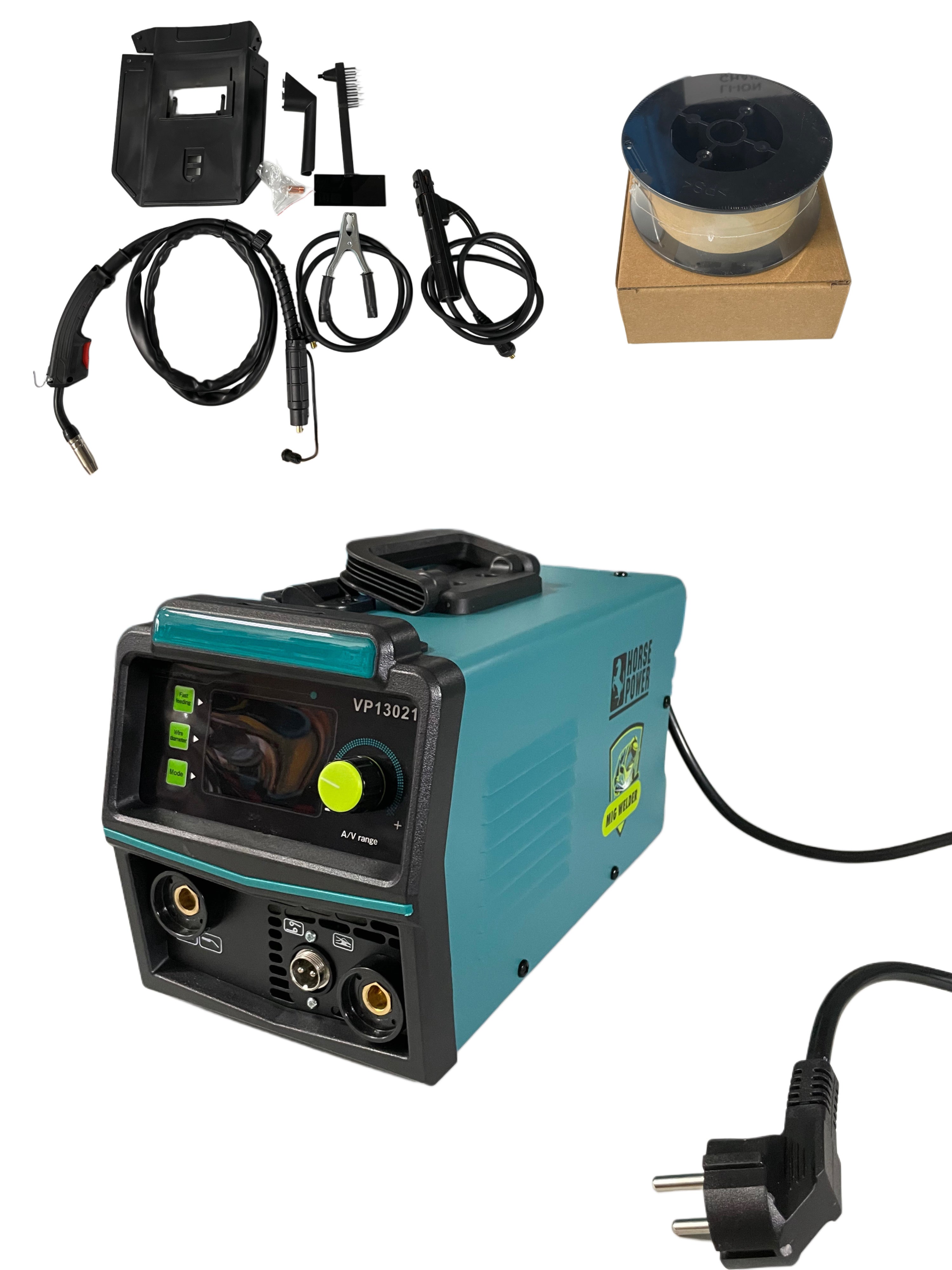 SALDATRICE 450A DOPPIA FUNZIONE MIG/MMA CON ACCESSORI E BOBINA DI FILO ANIMATO 0.8mm DIGITALE