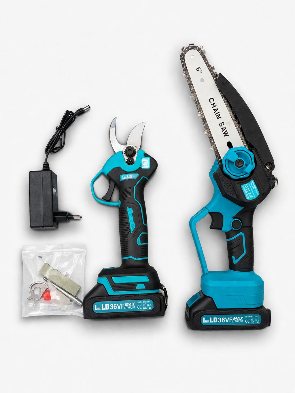 Kit Potatura Elettrico 2in1 Motosega 6” con OLEATORE + Forbici 32mm Display LED 2 Batterie Valigetta