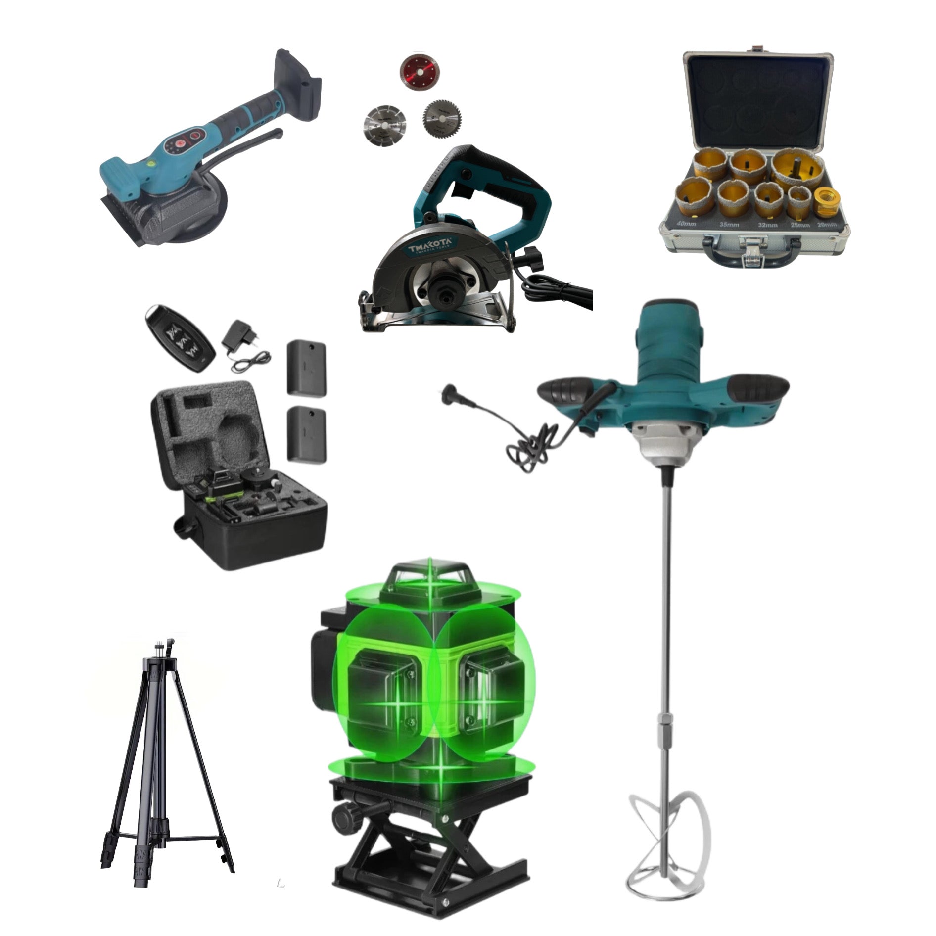 OFFERTA FULL: MISCELATORE 1600w , LIVELLA LASER DOPPIA BATTERIA 16 LINEE, FRESE A TAZZA DIAMANTATE PER FLEX E TRAPANO, TAGLIAPIASTRELLE ELETTRICA, VENTOSA VIBRANTE DOPPIA BATTERIA + TREPPIEDI E DISCO DIAMANTATO