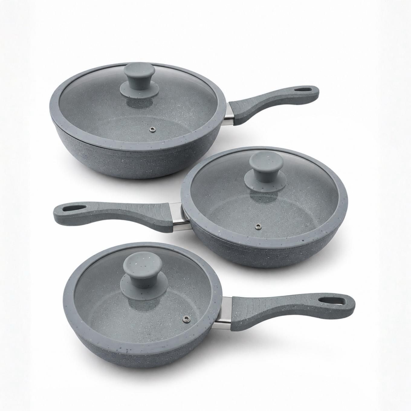 Set Padelle Grystone 11 Pezzi per Induzione con Coperchi e Utensili | Antiaderenti Effetto Pietra 20/24/28 cm