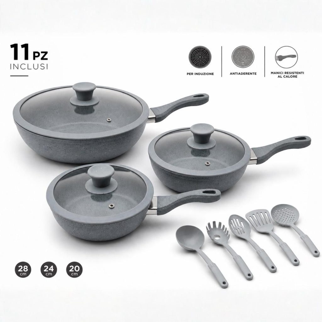Set Padelle Grystone 11 Pezzi per Induzione con Coperchi e Utensili | Antiaderenti Effetto Pietra 20/24/28 cm