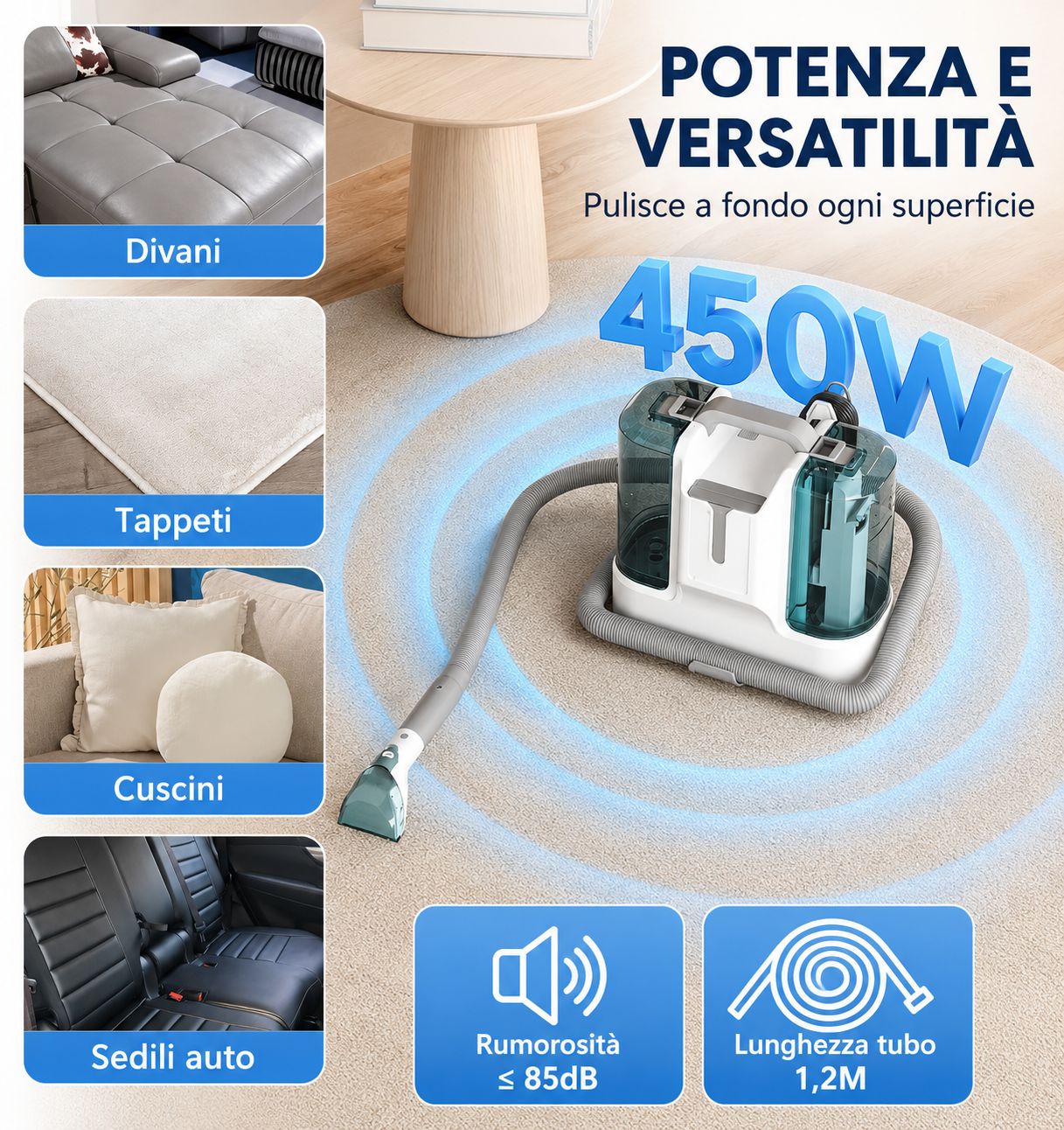 Lava Tappeti e Divani Lava Tappezzeria Portatile 3 in 1 450W con Spray e Aspirazione per Divani, Tappeti e Sedili Auto