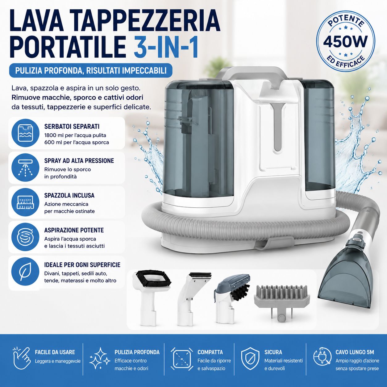 Lava Tappeti e Divani Lava Tappezzeria Portatile 3 in 1 450W con Spray e Aspirazione per Divani, Tappeti e Sedili Auto
