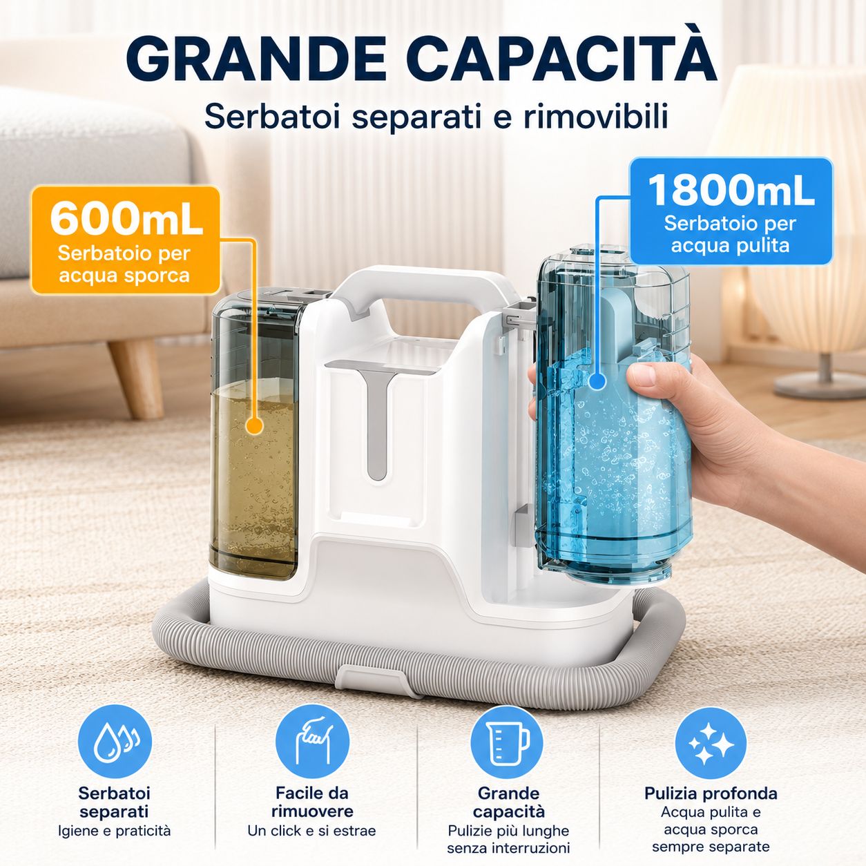 Lava Tappeti e Divani Lava Tappezzeria Portatile 3 in 1 450W con Spray e Aspirazione per Divani, Tappeti e Sedili Auto