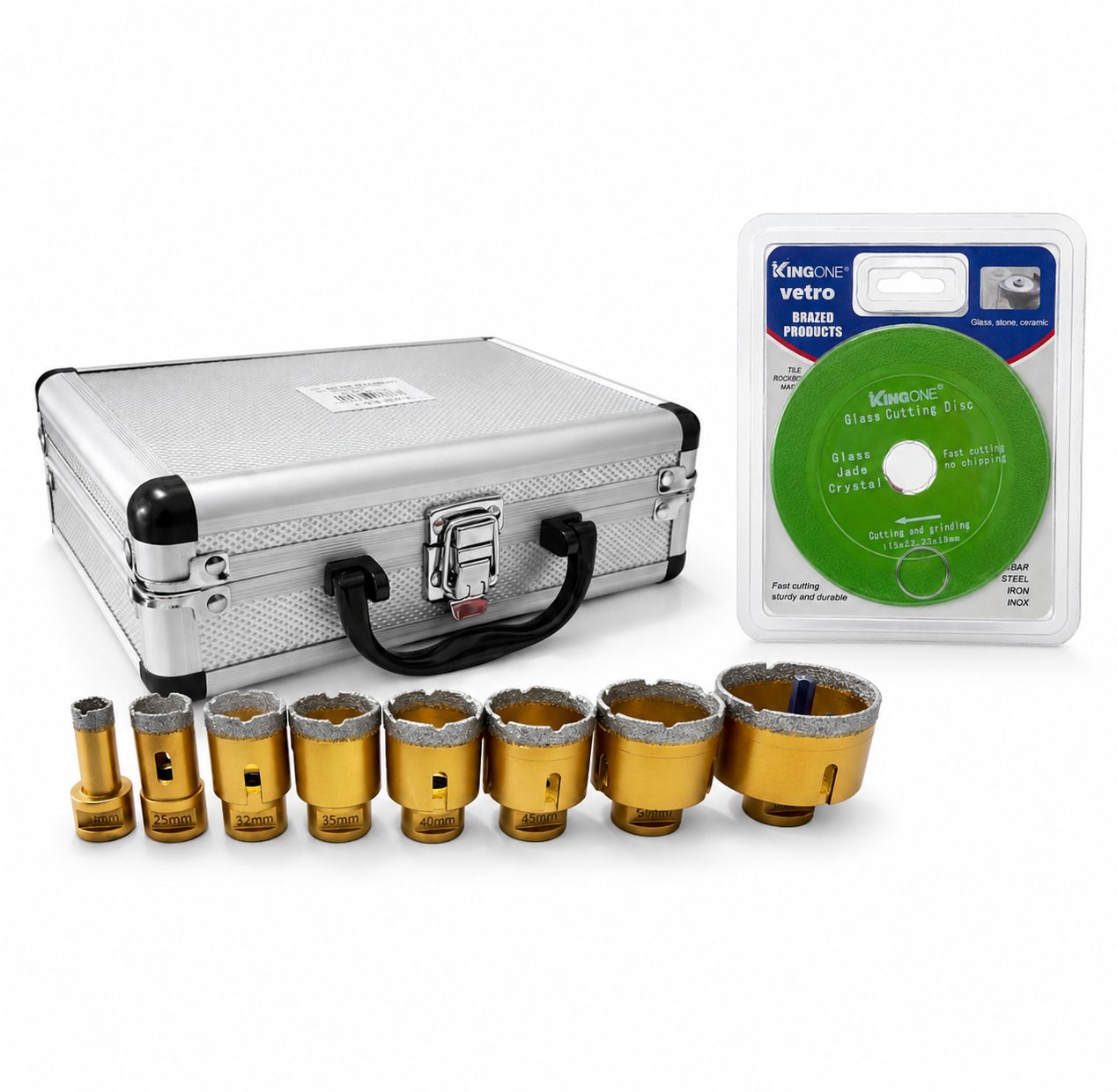Set 8 Frese a Tazza Diamantate + Disco da Taglio Vetro | Kit Professionale per Gres, Ceramica, Marmo e Vetro