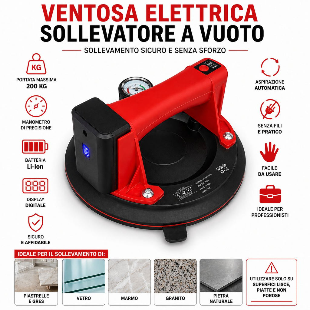 Ventosa Elettrica Professionale per Piastrelle e Vetro con Display Digitale e Aspirazione Automatica 200KG