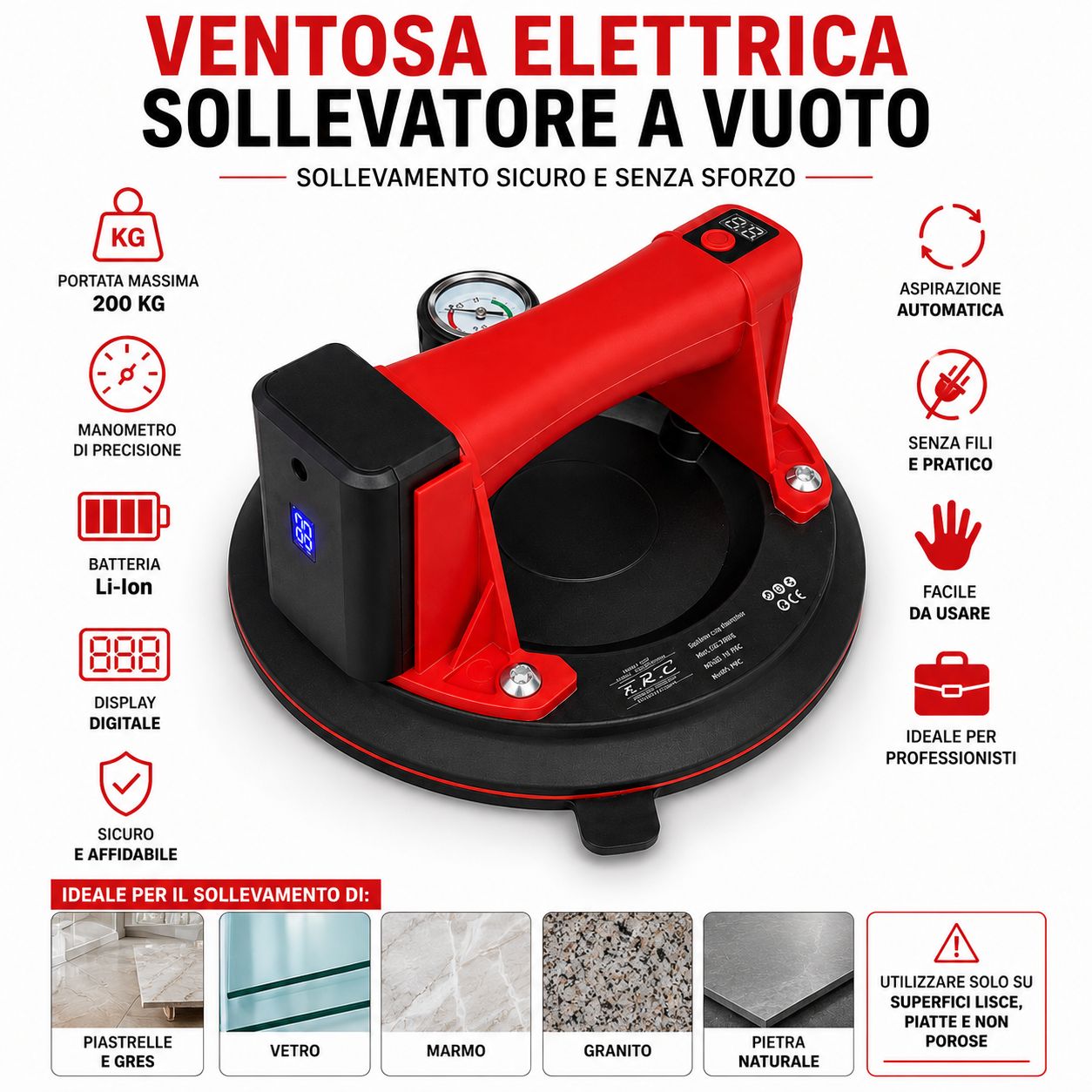 Ventosa Elettrica Professionale per Piastrelle e Vetro con Display Digitale e Aspirazione Automatica 200KG