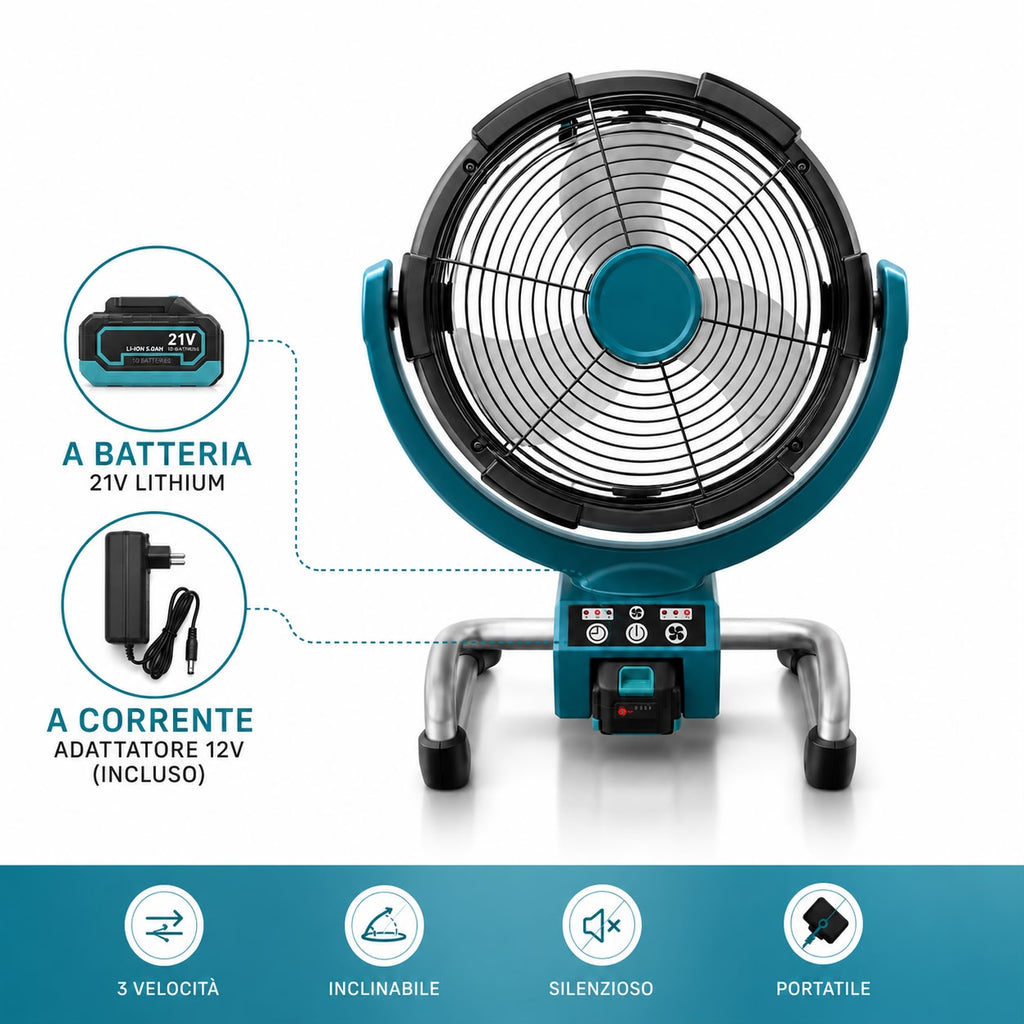 Ventilatore Portatile a Batteria 21V e Corrente | 3 Velocità | Inclinabile | Ricaricabile | Potente e Silenzioso per Casa, Lavoro e Outdoor