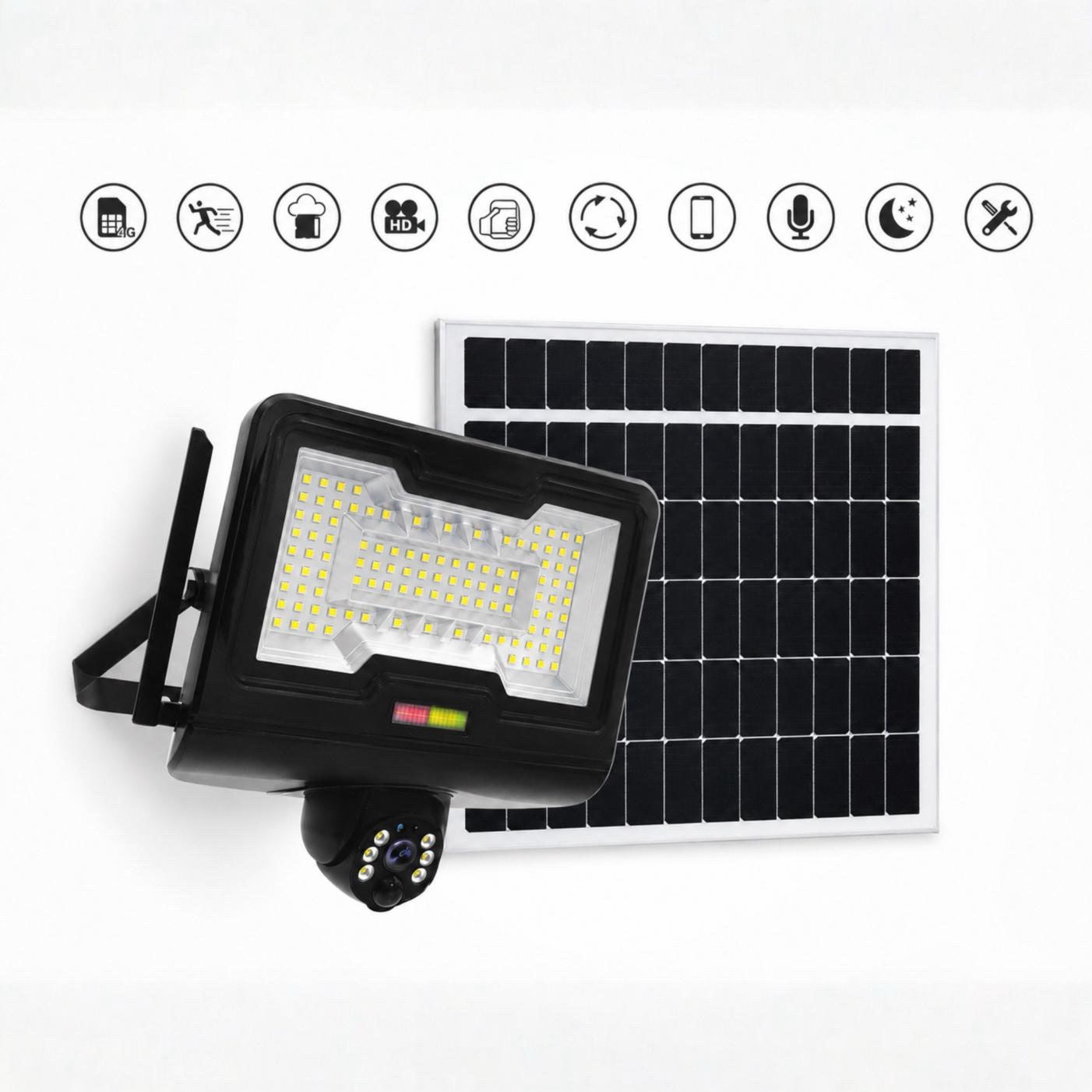 Faro Solare LED con Telecamera 4G Integrata e Controllo da App – Visione Notturna – Rilevamento Movimento – Audio Bidirezionale
