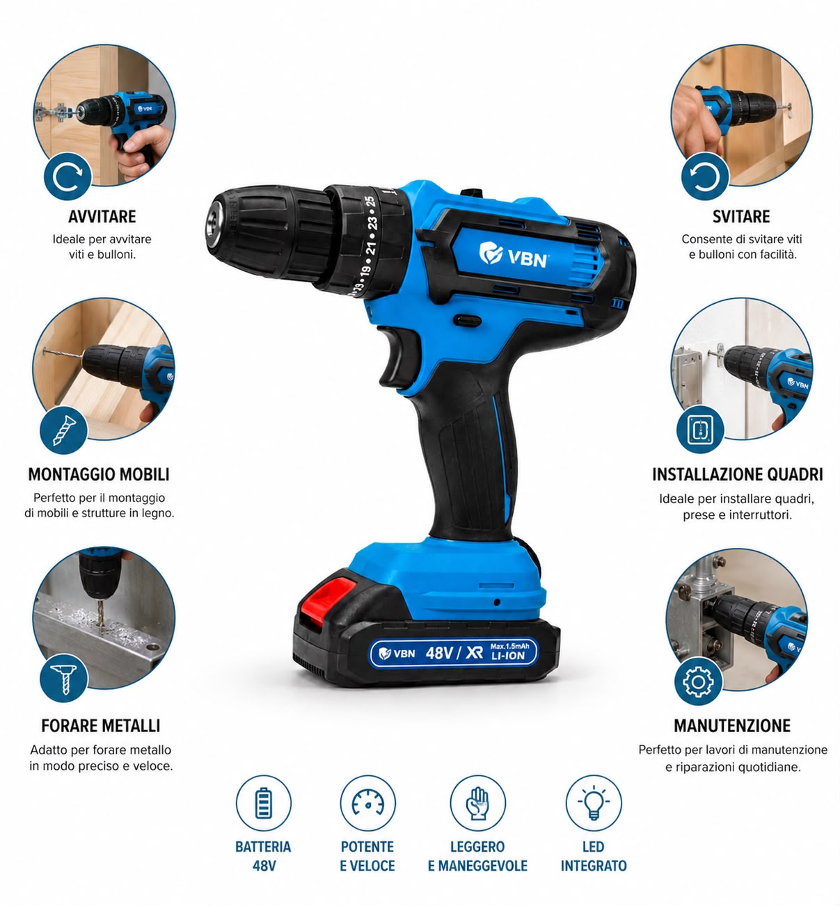 Trapano Avvitatore Elettrico con 2 Batterie, Valigetta e Accessori Inclusi – Avvita, Svita e Fora Legno, Metallo e Lavori di Casa