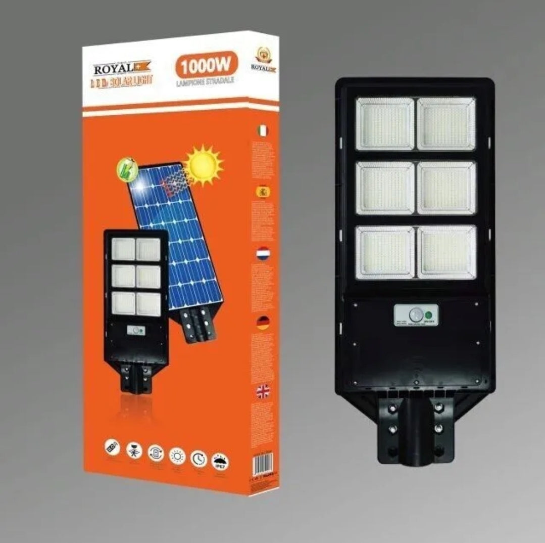 Faro LED Lampione Stradale 1000W Luce Fredda Pannello Solare Crepuscolare+ paletto omaggio