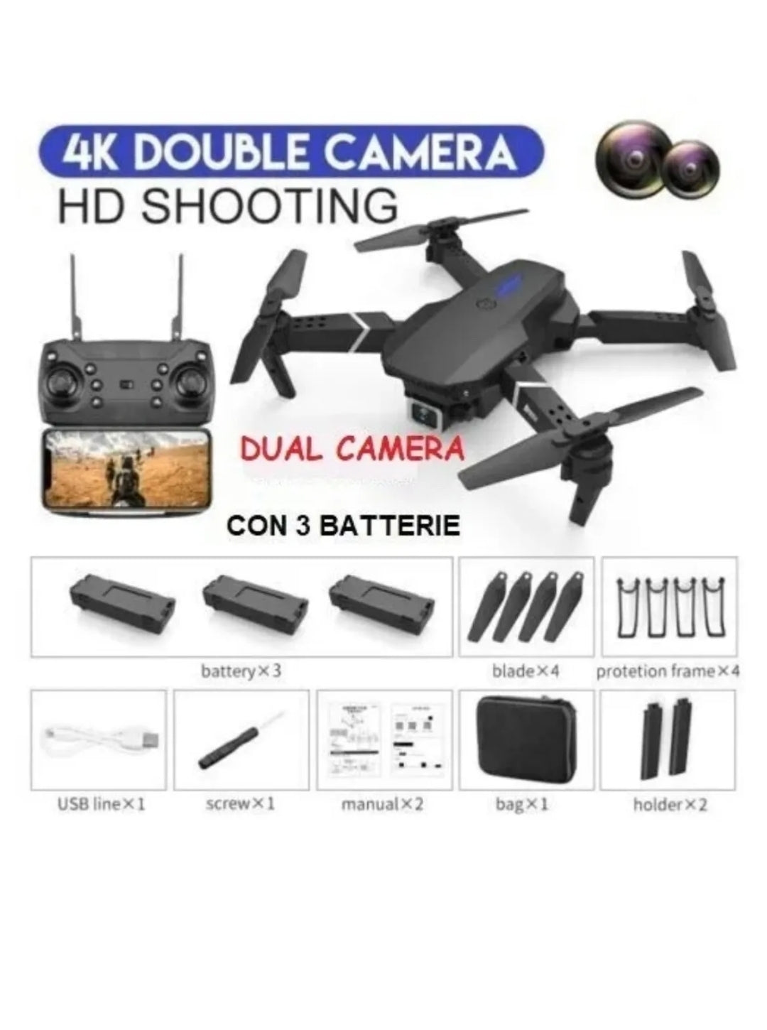 E88 PRO DRONE PIEGHEVOLE 2 VIDEOCAMERE 3 BATTERIE TELECOMANDO WIFI FPV 4K