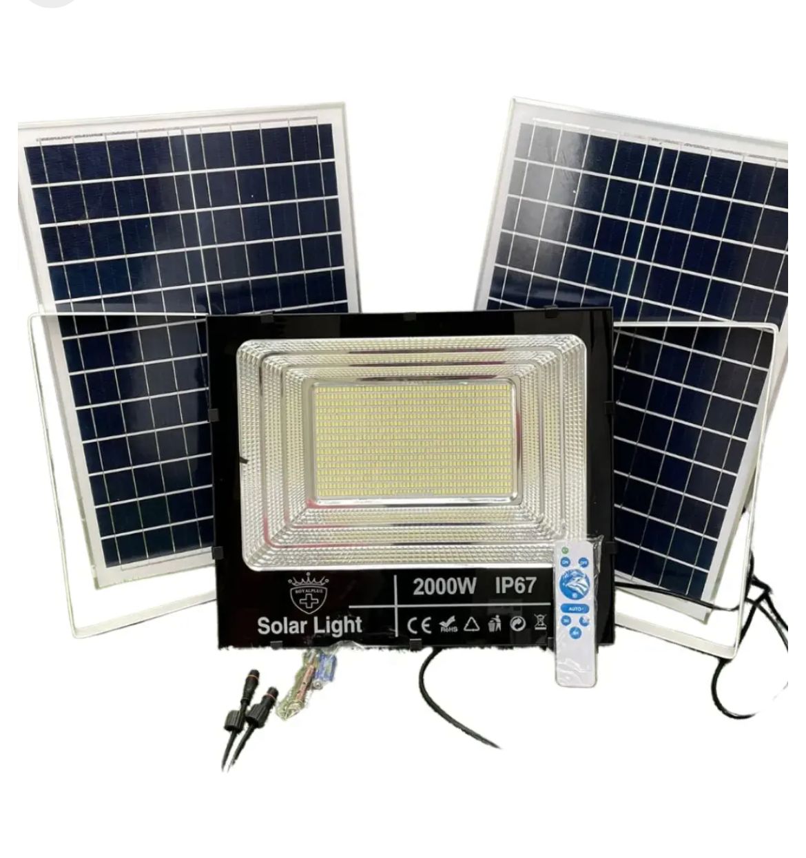 FARO DA 2000W LED SMD CON 2 PANNELLI SOLARI CREPUSCOLARE+TELECOMANDO IP67 CAMPER