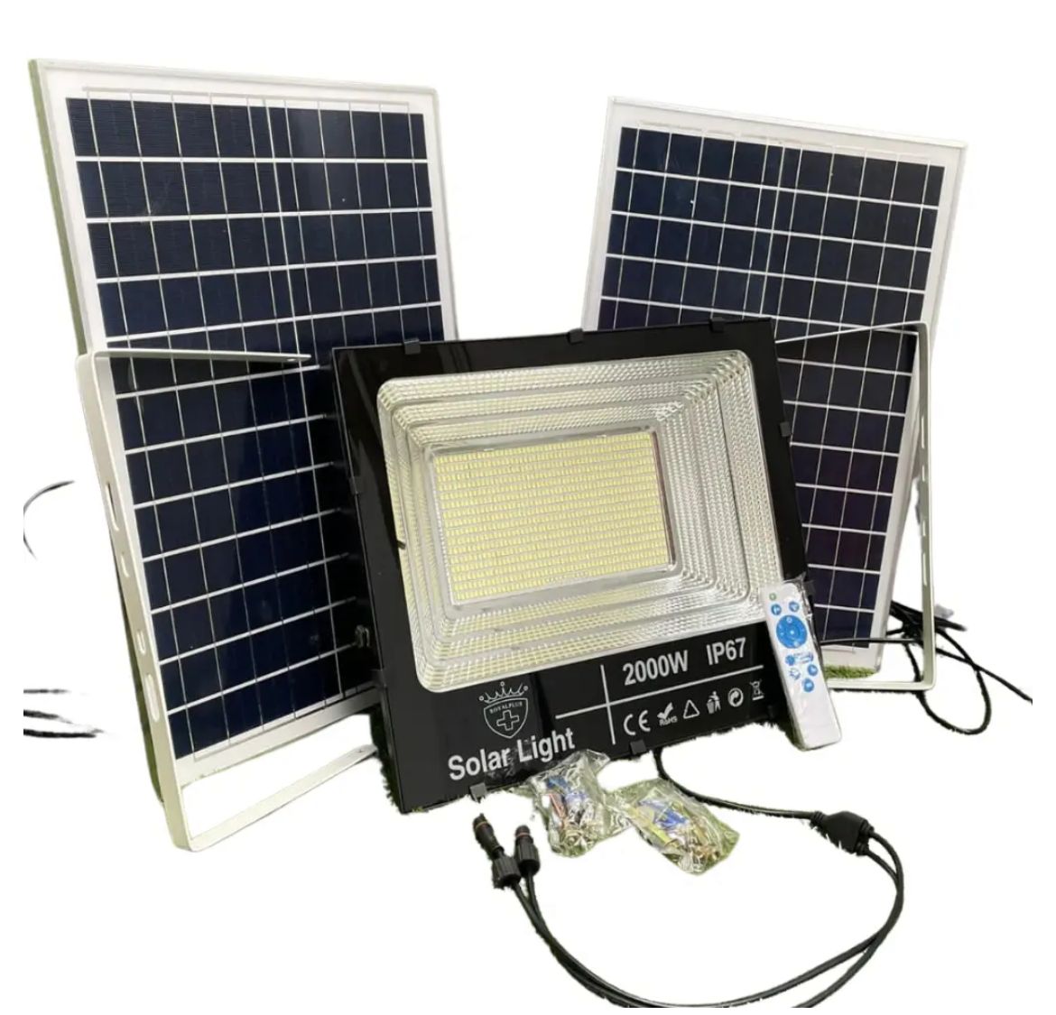 FARO DA 2000W LED SMD CON 2 PANNELLI SOLARI CREPUSCOLARE+TELECOMANDO IP67 CAMPER