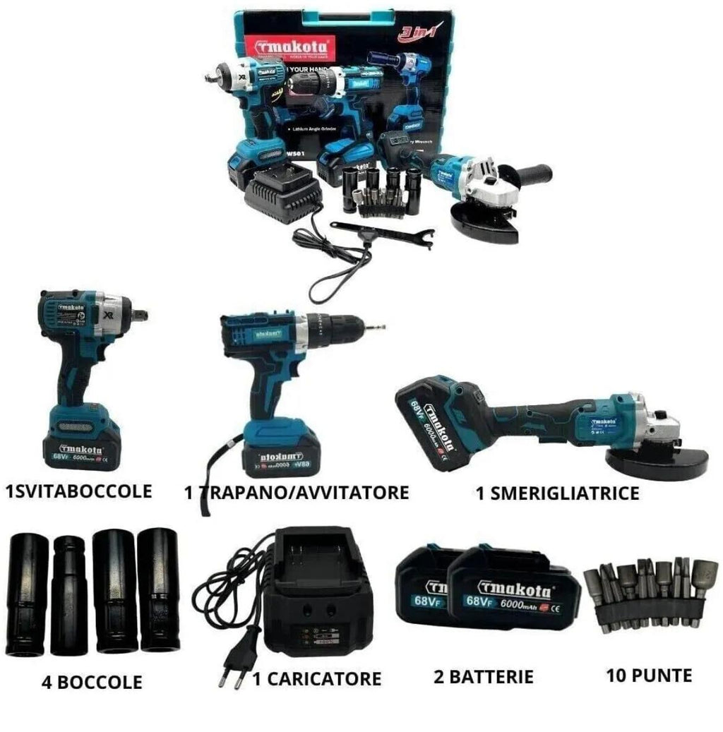 Kit 4 in 1 Trapano Avvitatore + Avvitatore a Impulsi + Smerigliatrice a Batteria+ torcia