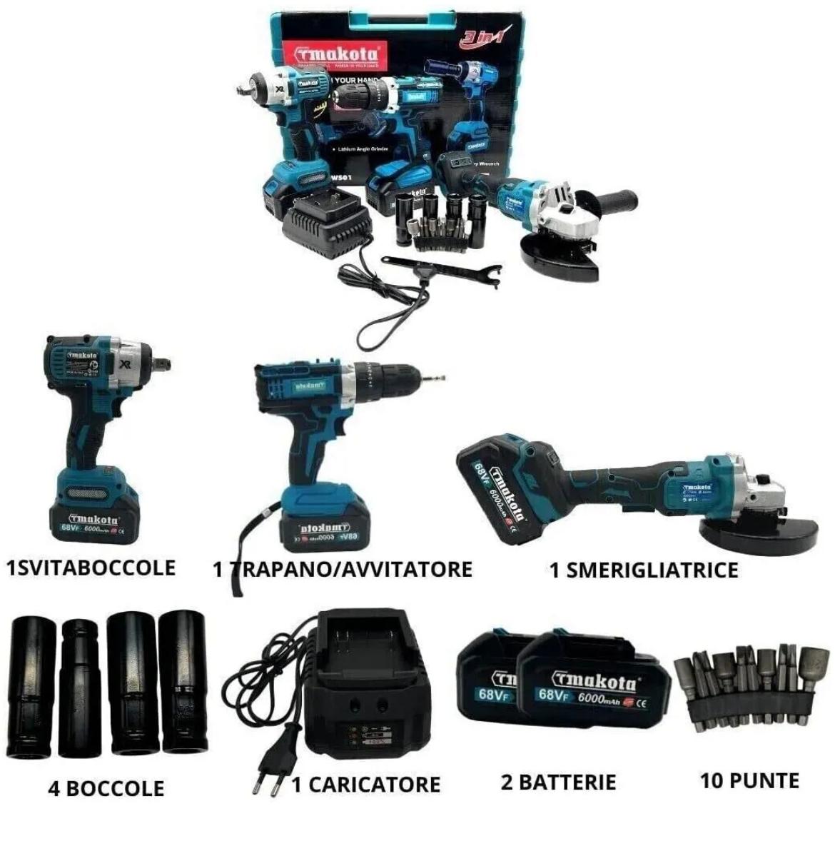 Kit 4 in 1 Trapano Avvitatore + Avvitatore a Impulsi + Smerigliatrice a Batteria+ torcia