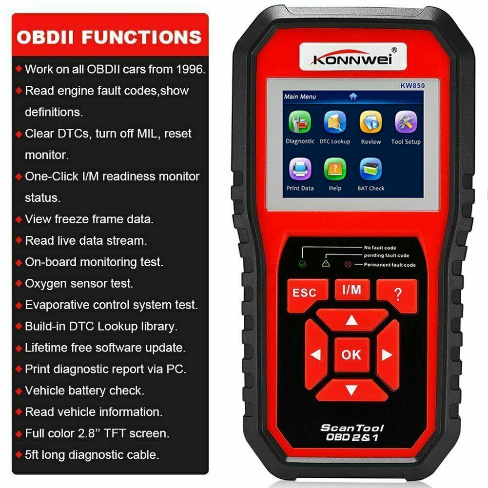 Tester OBD2 II scanner konwei kw850 lettore codice diagnostica centralina auto