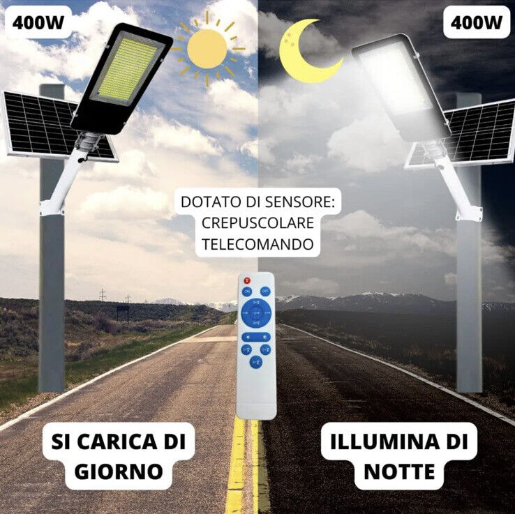 LAMPIONE STRADALE 400w FARO A LED CON PANNELLO SOLARE TELECOMANDO CREPUSCOLARE